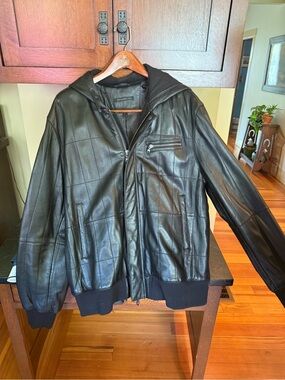 John Varvatos Black Leather Hooded Bomber Jacket